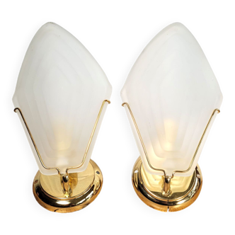Pair of gold wall lamps and frosted glass