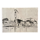 Drawing on panel representing the port of Nantes mid-20th century