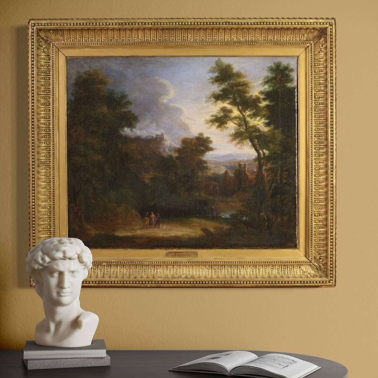 Flemish painting landscape with figures from the 17th century, the apparition of Jesus