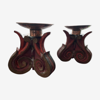 Pair of old wood and copper candlesticks