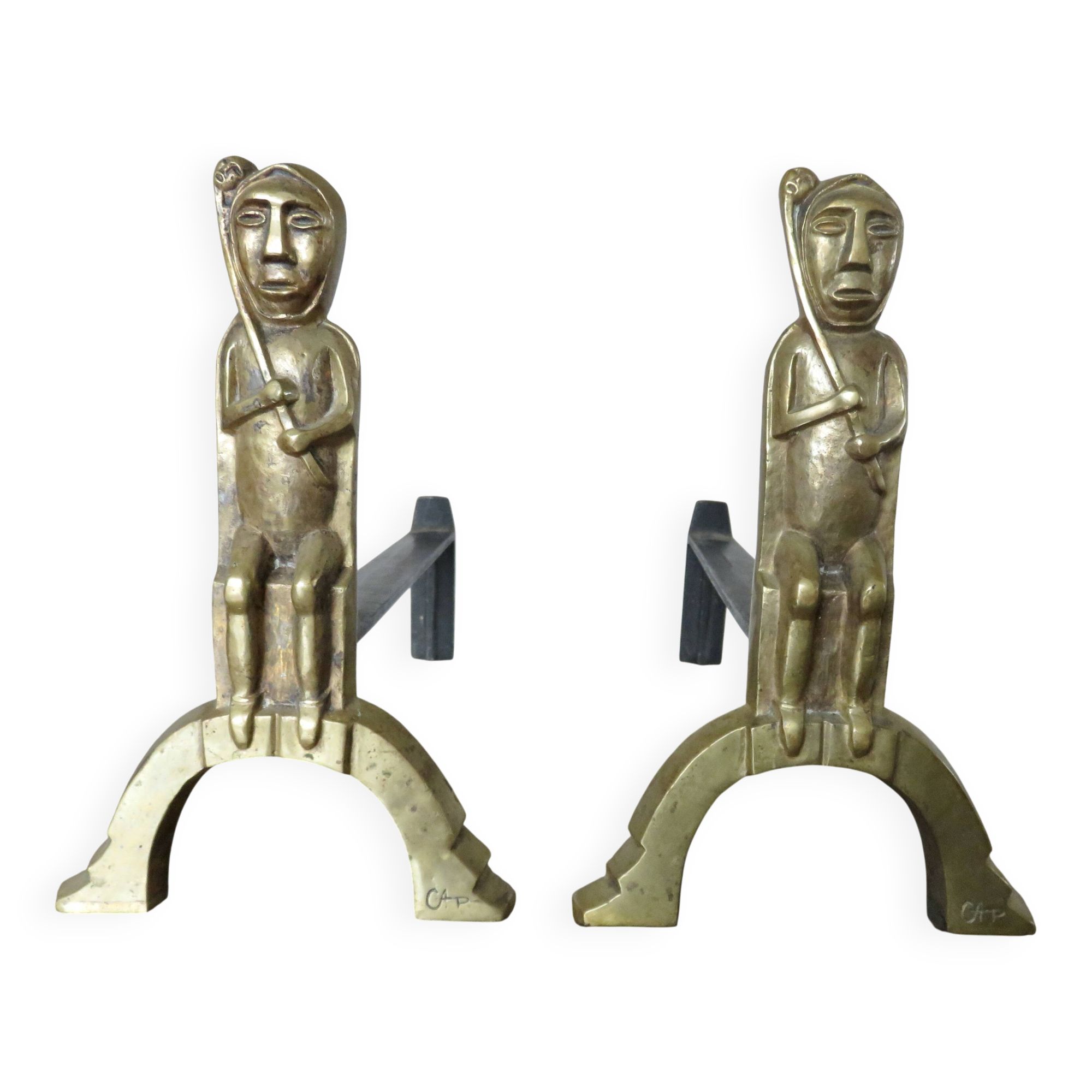 Anton Prinner, pair of Shaman fire dogs in gilded bronze, monogrammed, 1930
