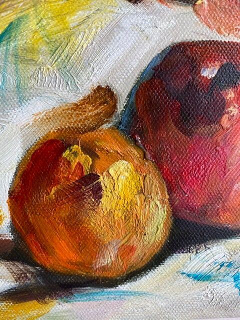 Ancient painting, still life with fruit, vase and teapot, signed, 20th century