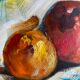 Ancient painting, still life with fruit, vase and teapot, signed, 20th century