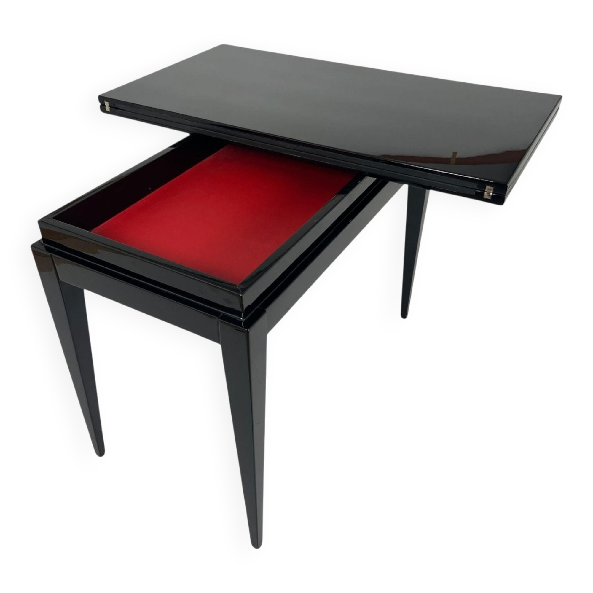 Art Deco Games Table in Black Lacquer, Red and Black Leather, France, 1930s
