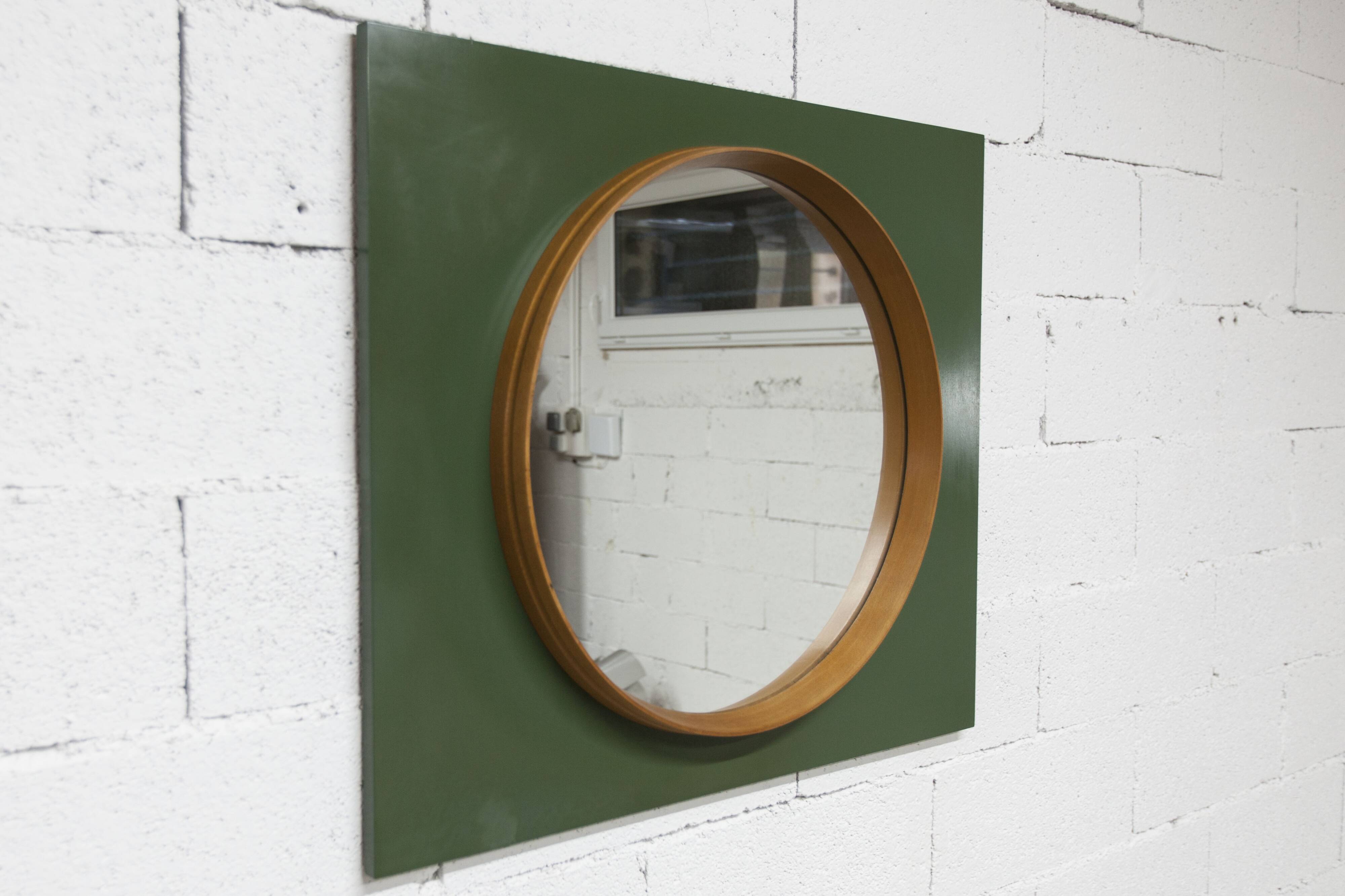 Unusual round wall mirror 60 cm teak edge on green rectangular board 1960.