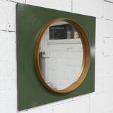 Unusual round wall mirror 60 cm teak edge on green rectangular board 1960.