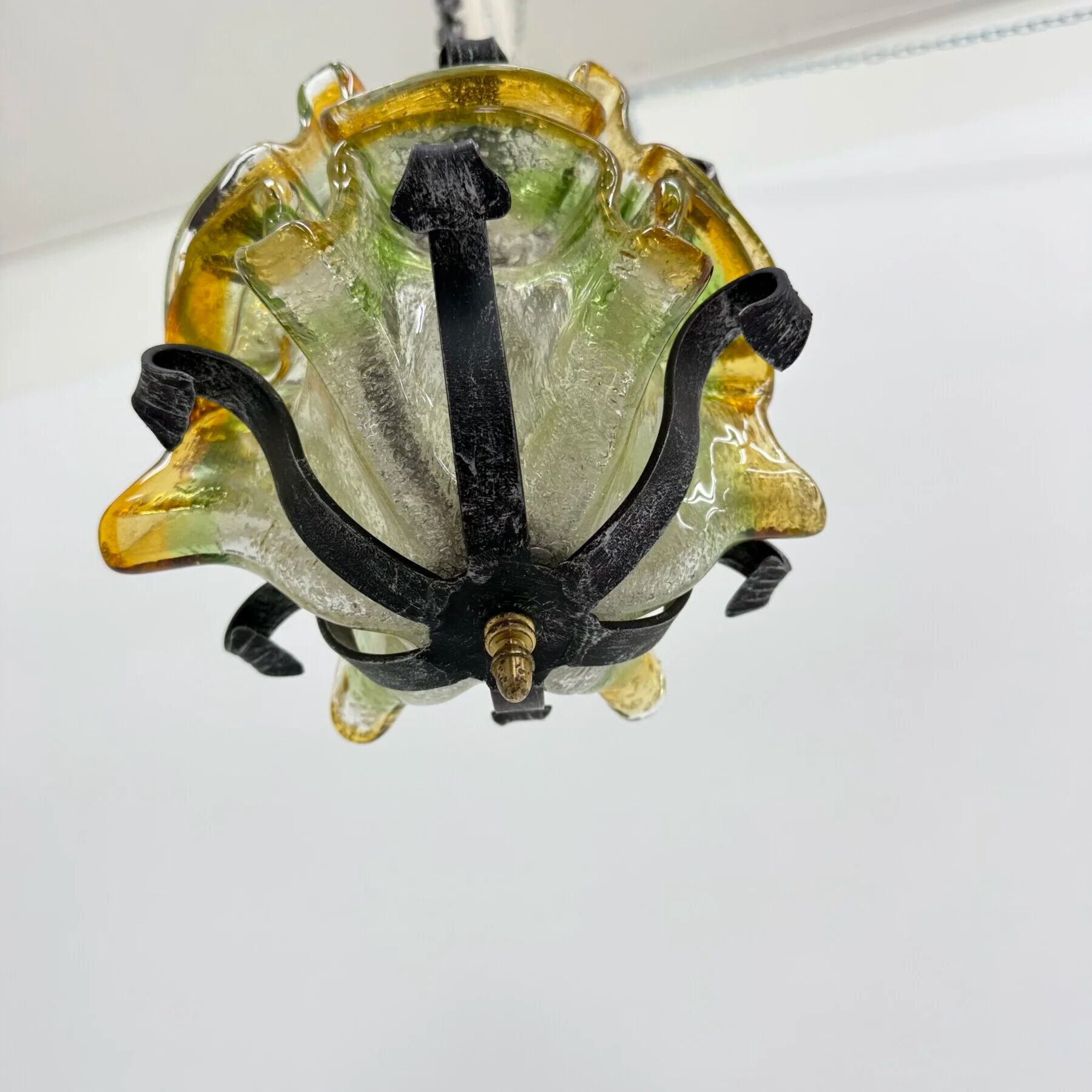 Brutalist glass and iron hanging lamp, 1970s