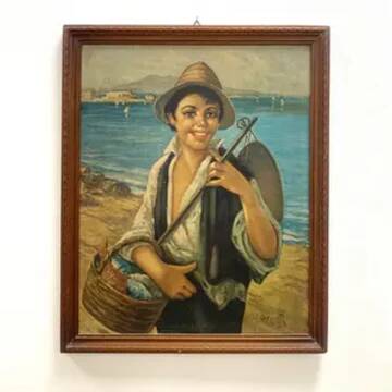 Oil painting, G. De Curtis, signed canvas, young Italian fisherman, late 20th century