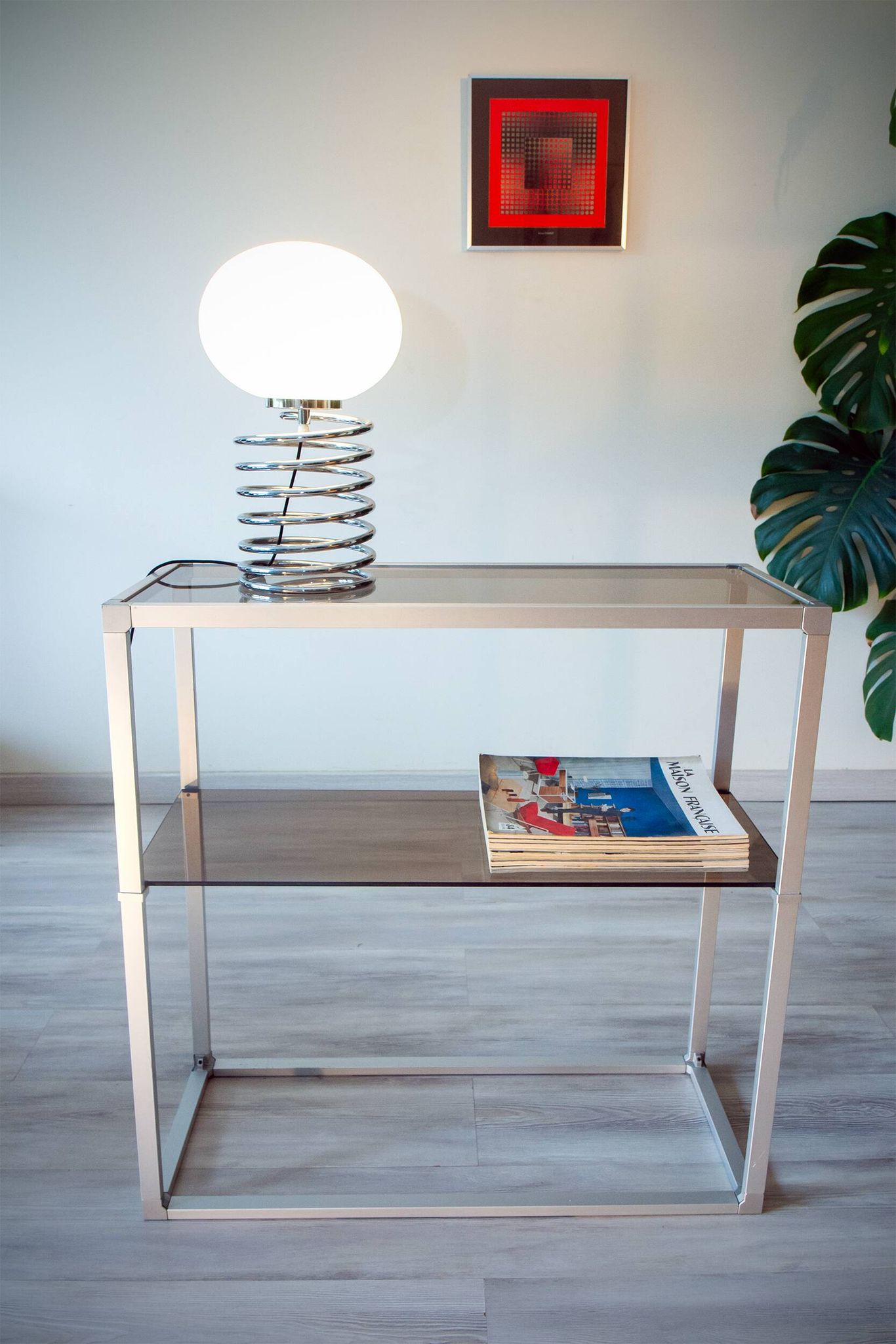 Console/étagère aluminium et verre fumé 1970-80