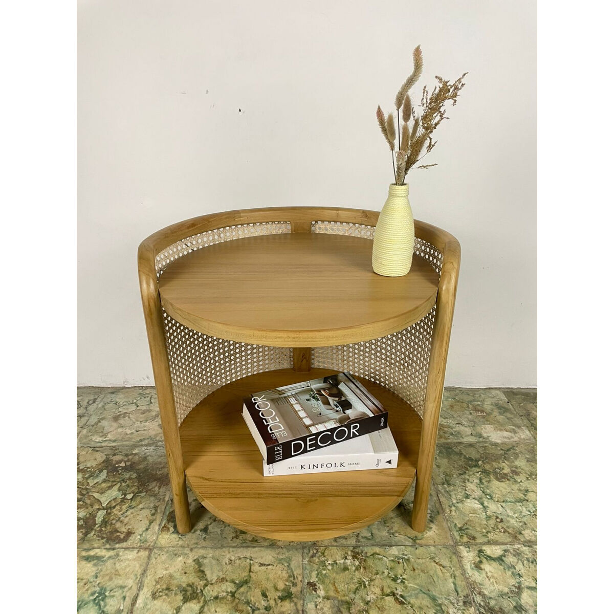 Coffee table made of teak and handcrafted rattan from Indonesia.