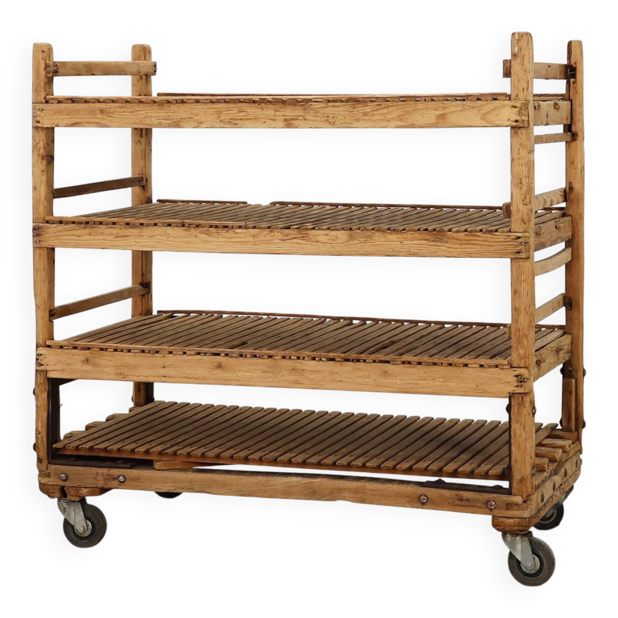 Large baker's cart/ rolling shelf in pine wood, France ca. 1900