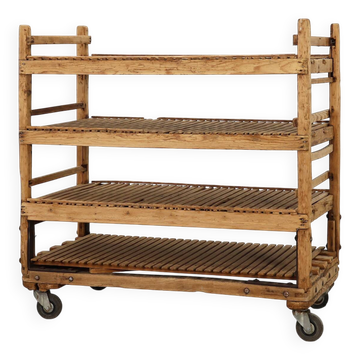 Large baker's cart/ rolling shelf in pine wood, France ca. 1900