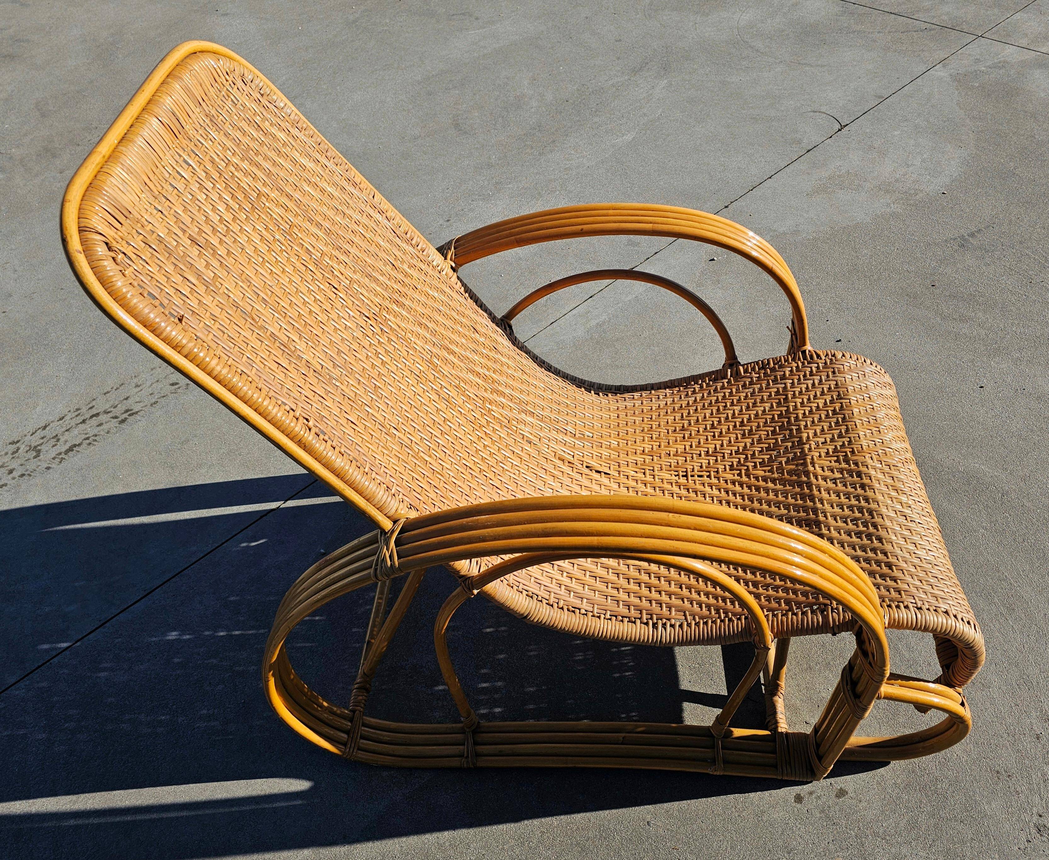 Paire de chaises longues XXL Mid Century Modern en bambou et rotin