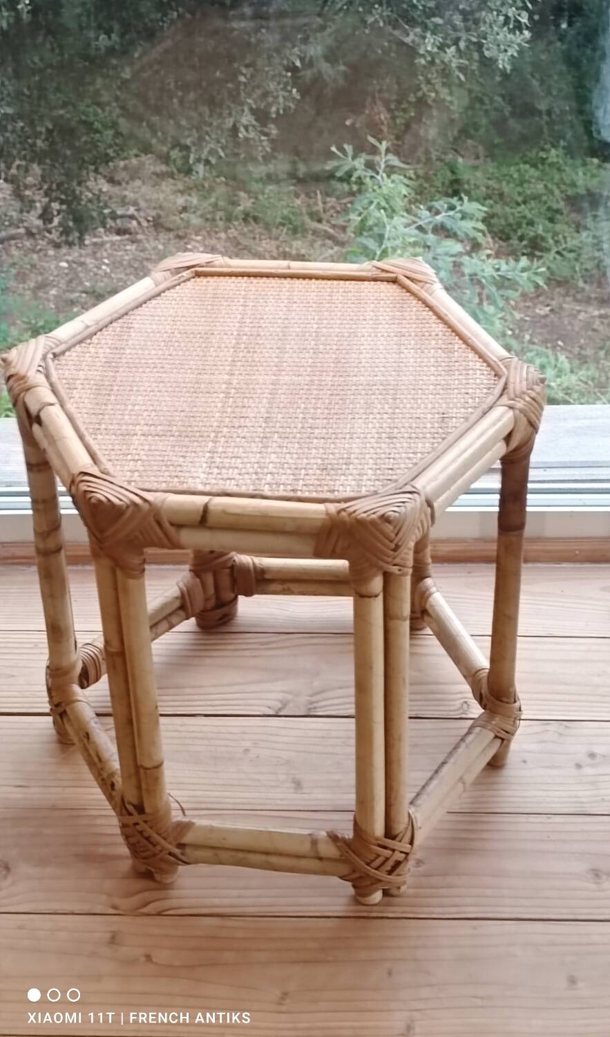 Vintage side table in rattan and bamboo, France, hexagonal.