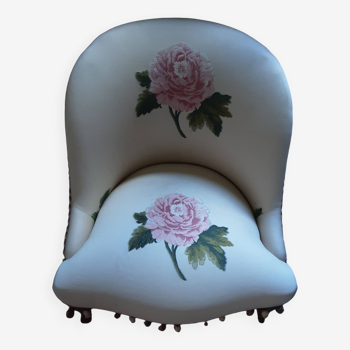 Fauteuil Crapaud, Chaise de Salon Rembourrée-Blanc Brodé Fleurs