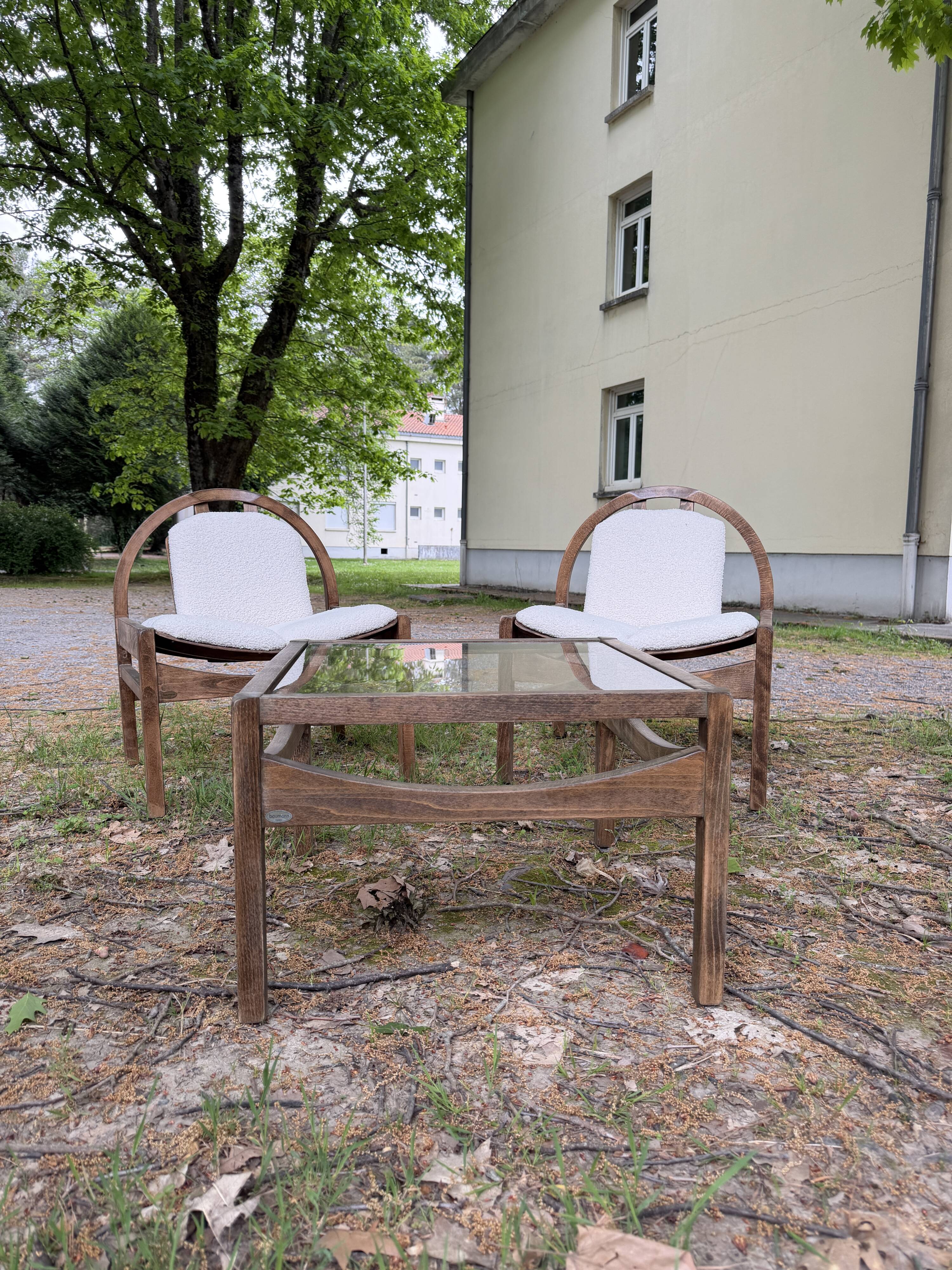Fauteuils et table Argos restauré bouclette écru