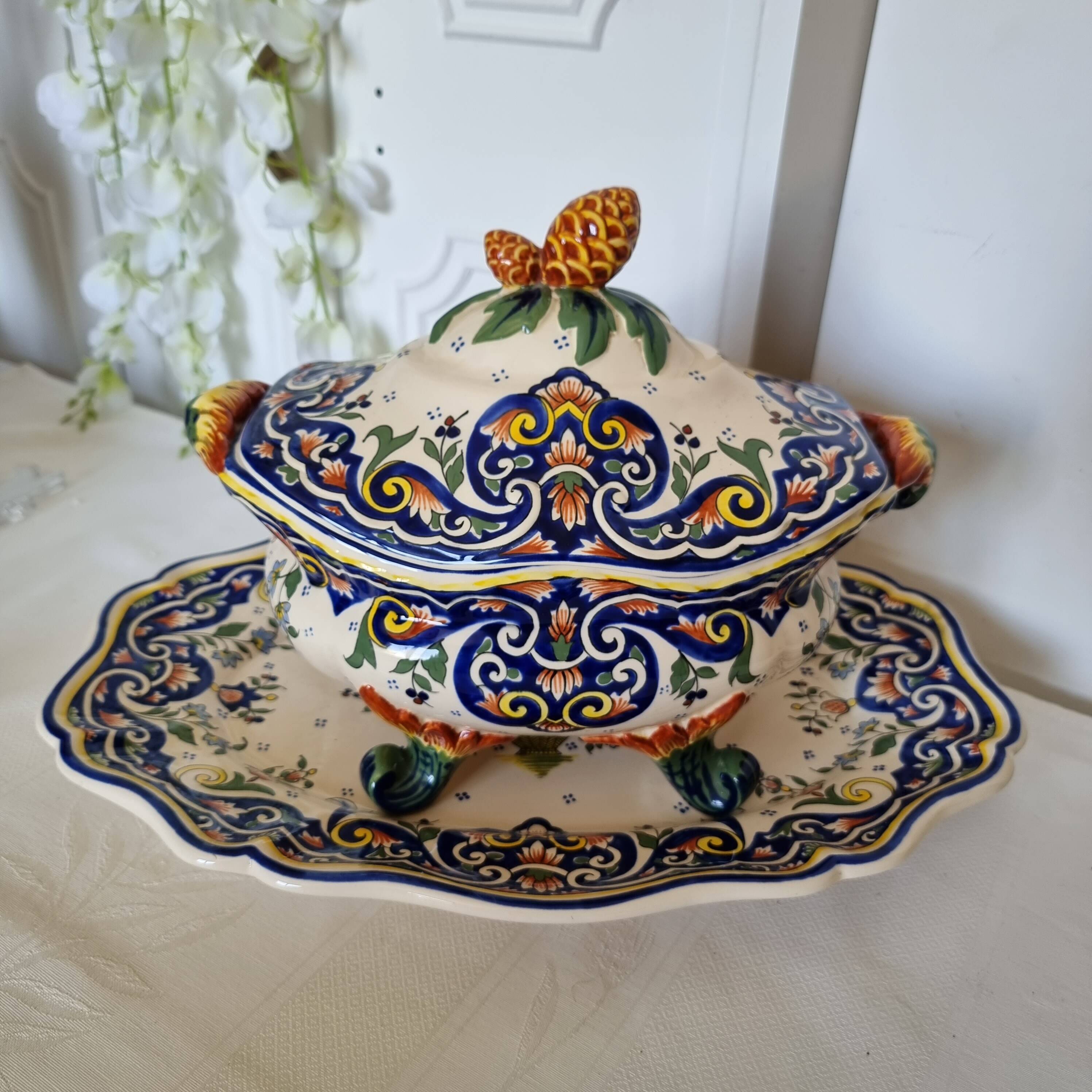 Vintage Rouen porcelain soup tureen with underplate, hand-painted