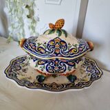 Vintage Rouen porcelain soup tureen with underplate, hand-painted