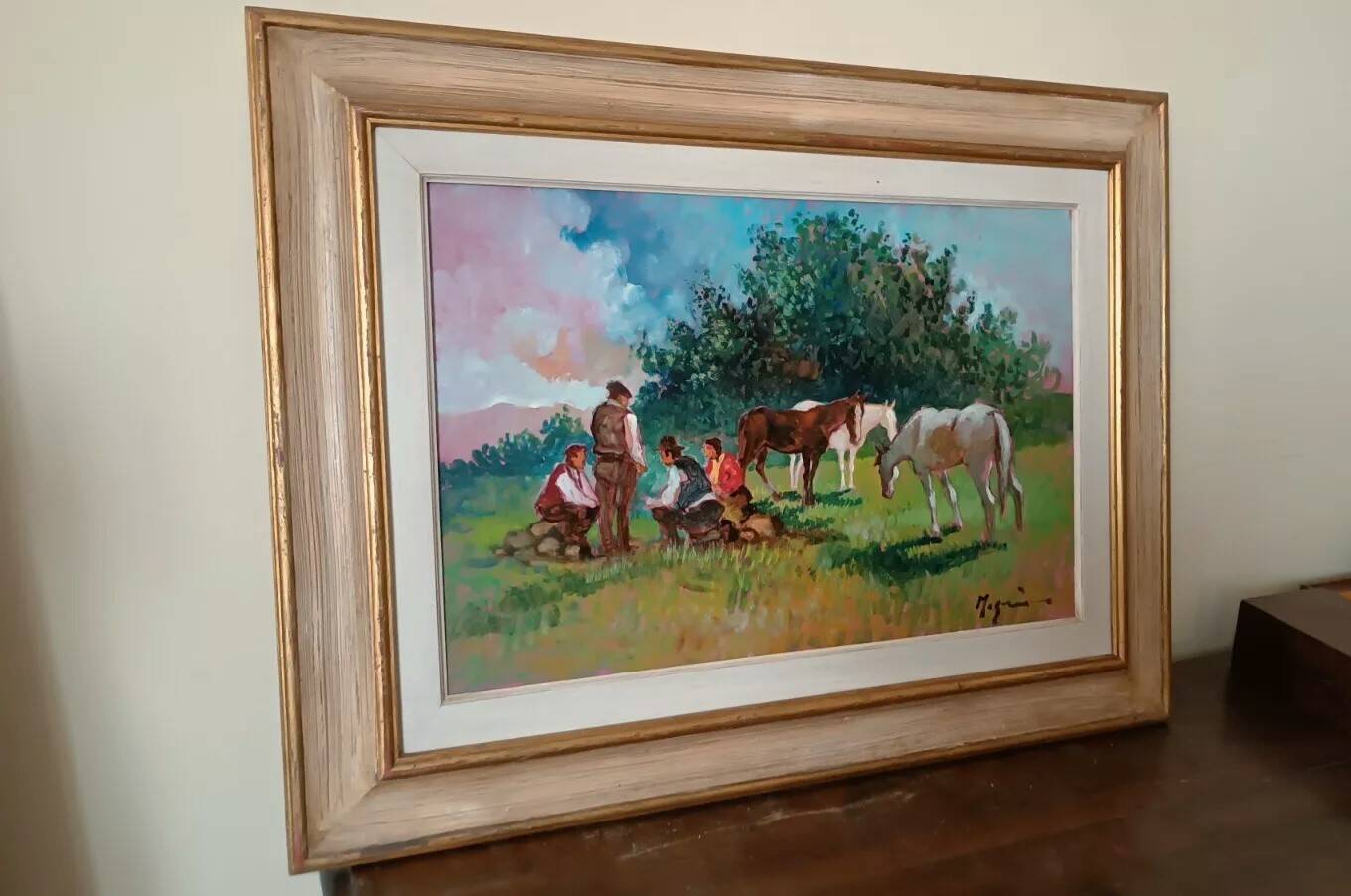 Peinture à l'huile paysage campagne chevaux fausto magni (florence 1906-1985)