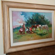 Peinture à l'huile paysage campagne chevaux fausto magni (florence 1906-1985)