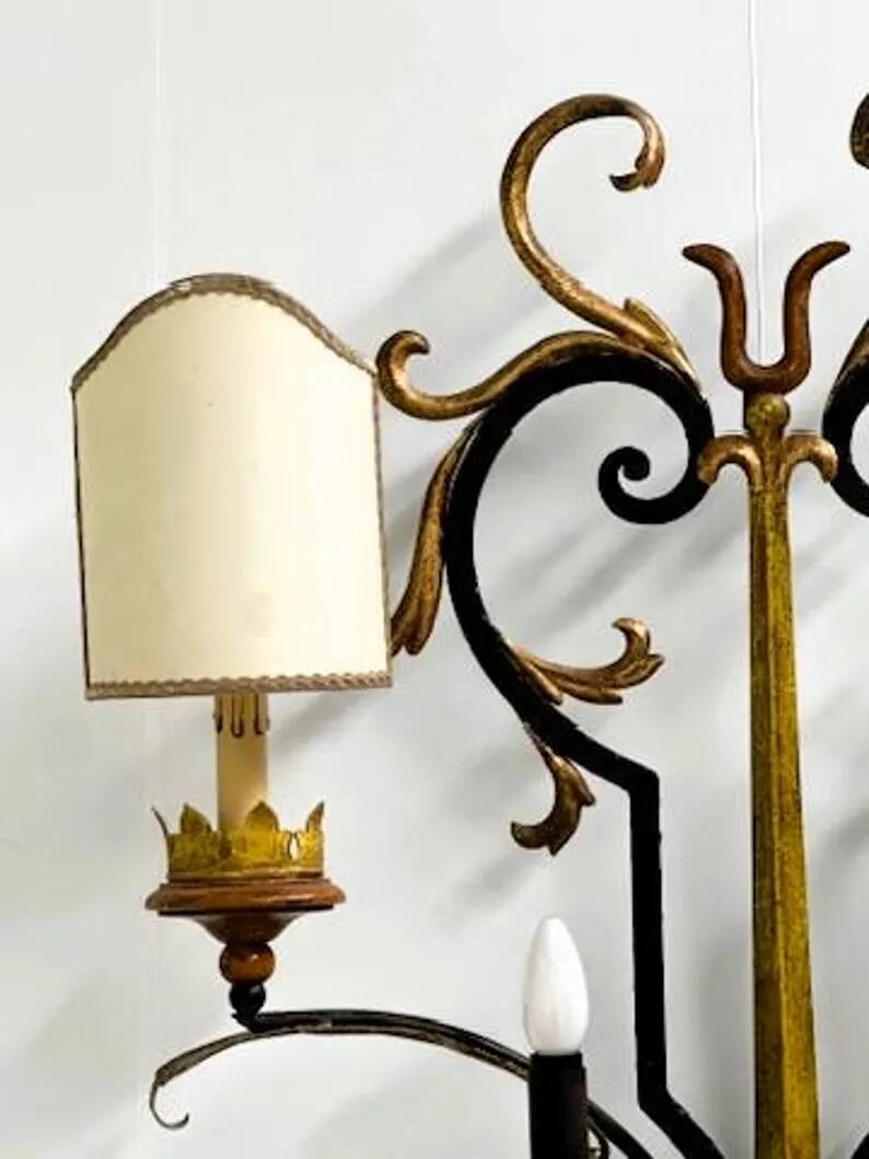 Vintage Florentine Wall Sconce XL in Forged Iron and Painted Sheet Metal – Black and Gold, 1970s