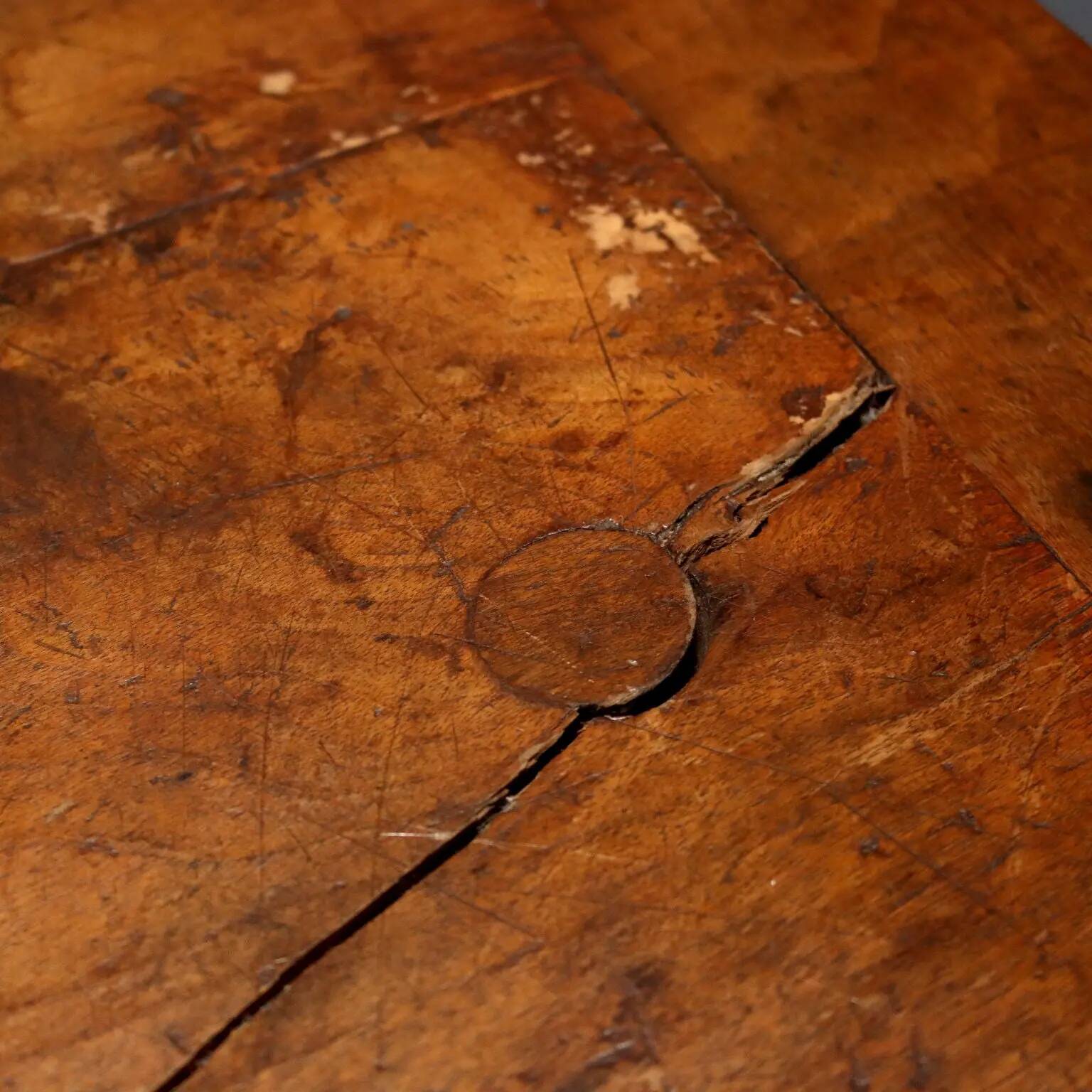 Old refectory table in walnut and wrought iron, Italy, 20th century