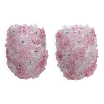 Lot de 2 appliques en verre de Murano, motif fleur rose, par Seguso, 1970