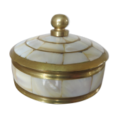 Round box in white mother-of-pearl and brass 60s 70s