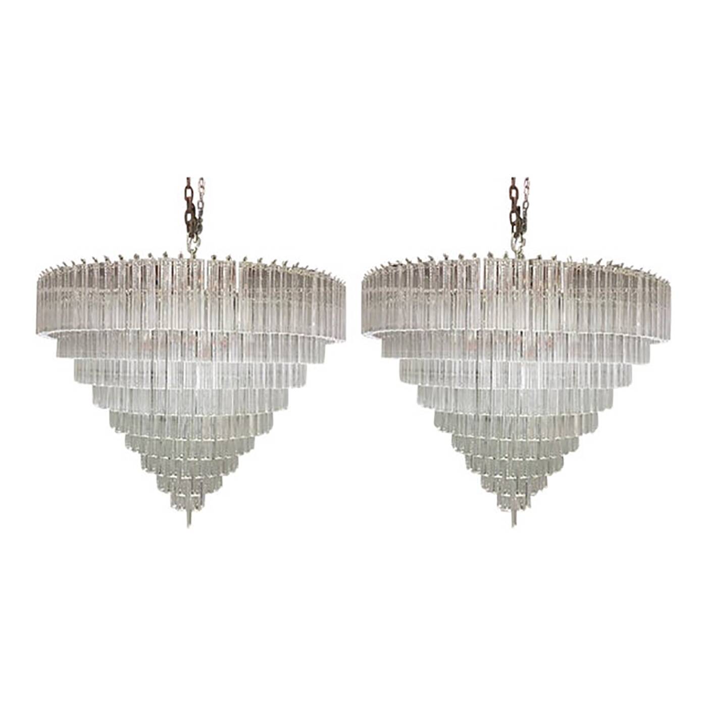 Set of 2 Clear Triedro Murano Glass Chandelier in Venini Style
