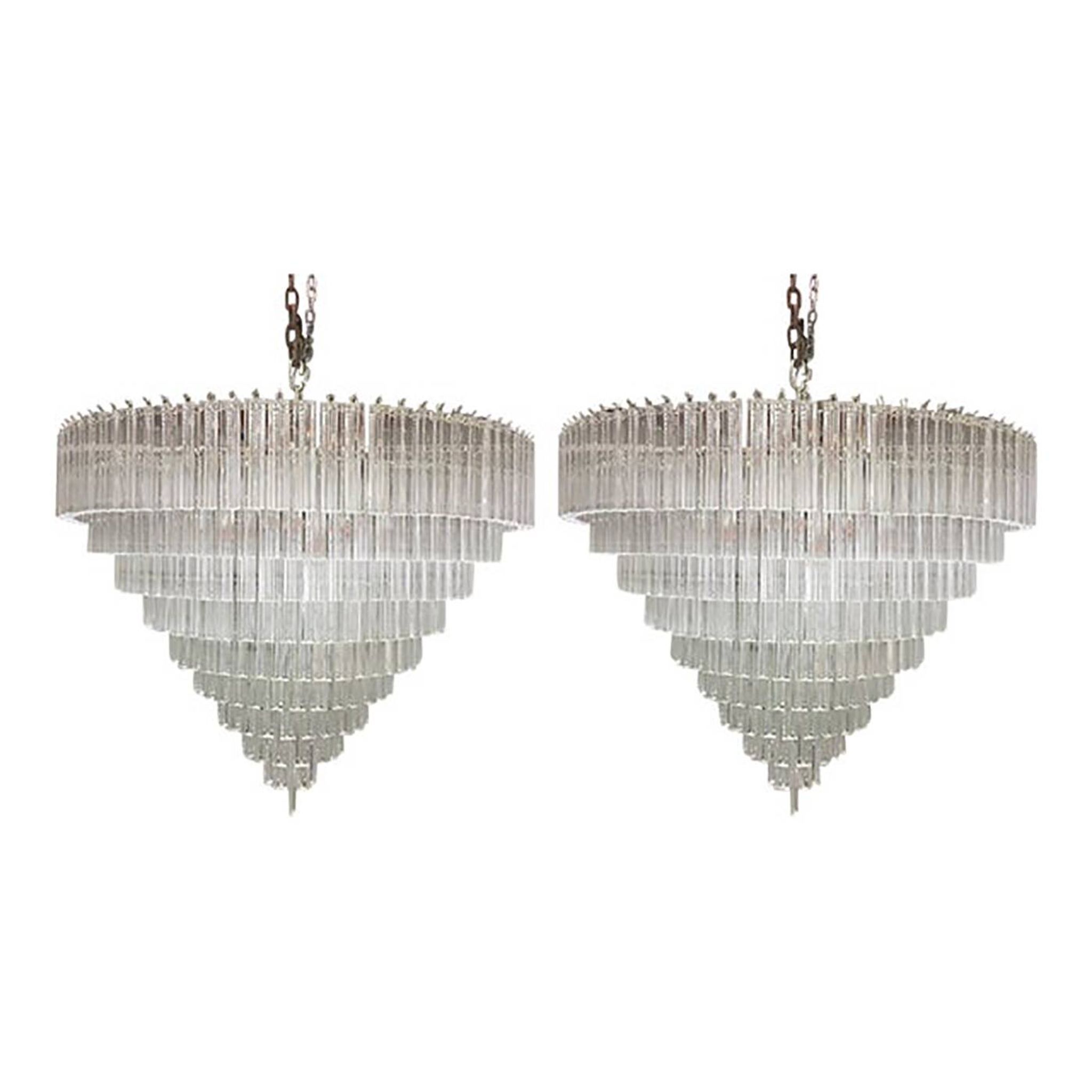 Set of 2 Clear Triedro Murano Glass Chandelier in Venini Style