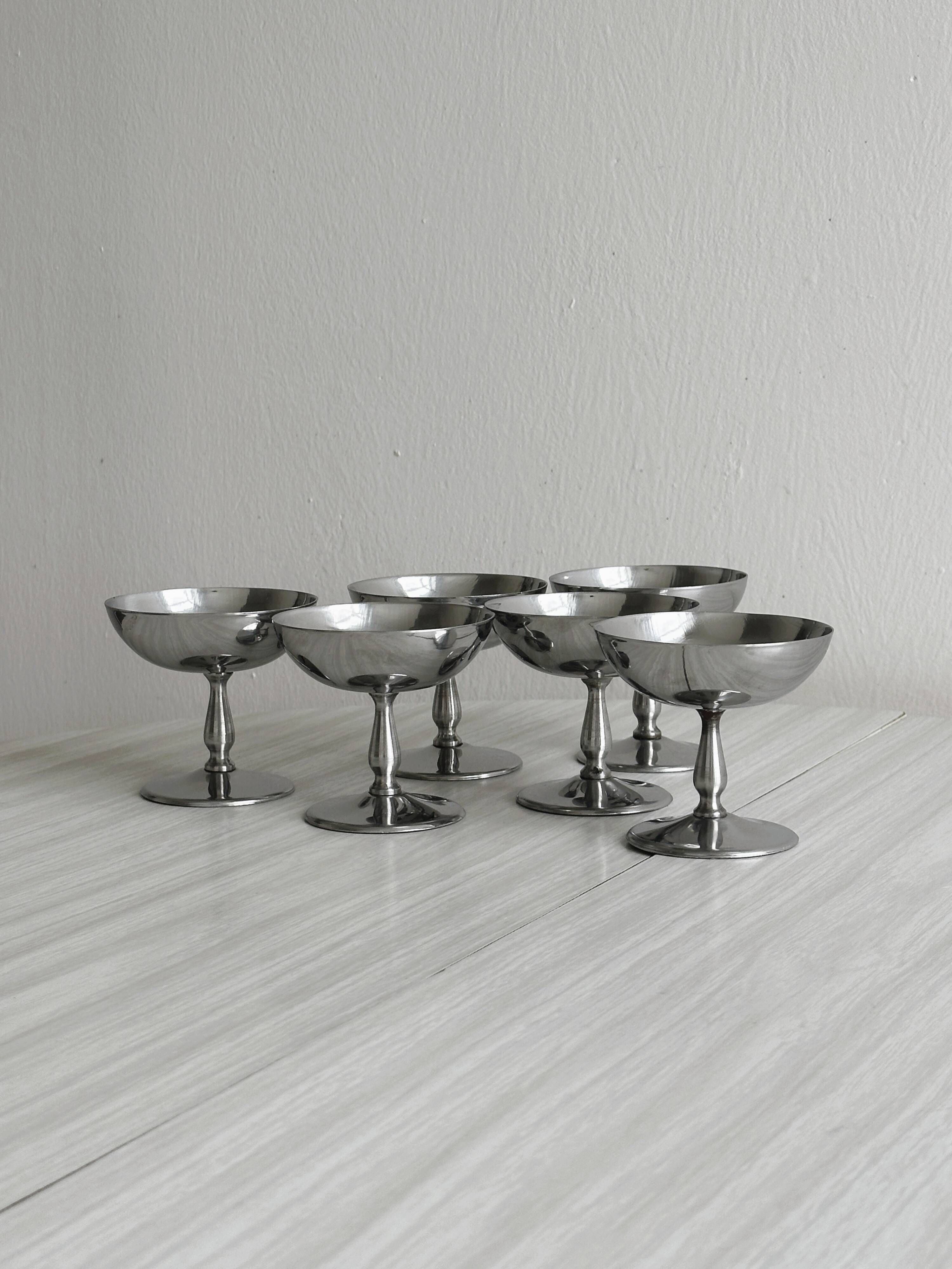 Set of 6 vintage stainless steel dessert bowls on feet