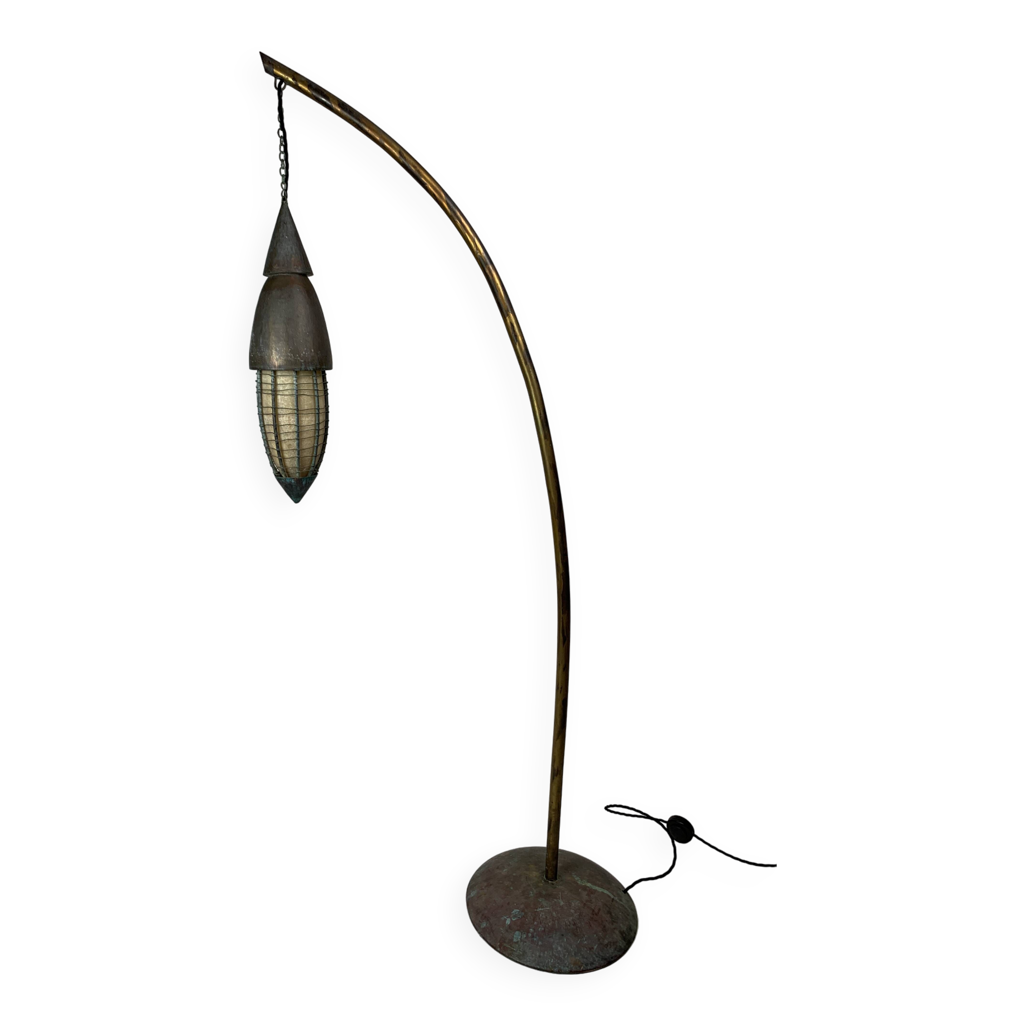 Patinated rustic copper and steel floor lamp with lantern, Indonesia 1980s