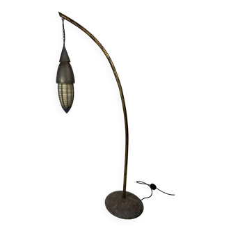 Lampadaire rustique patiné en cuivre et acier avec lanterne, Indonésie 1980