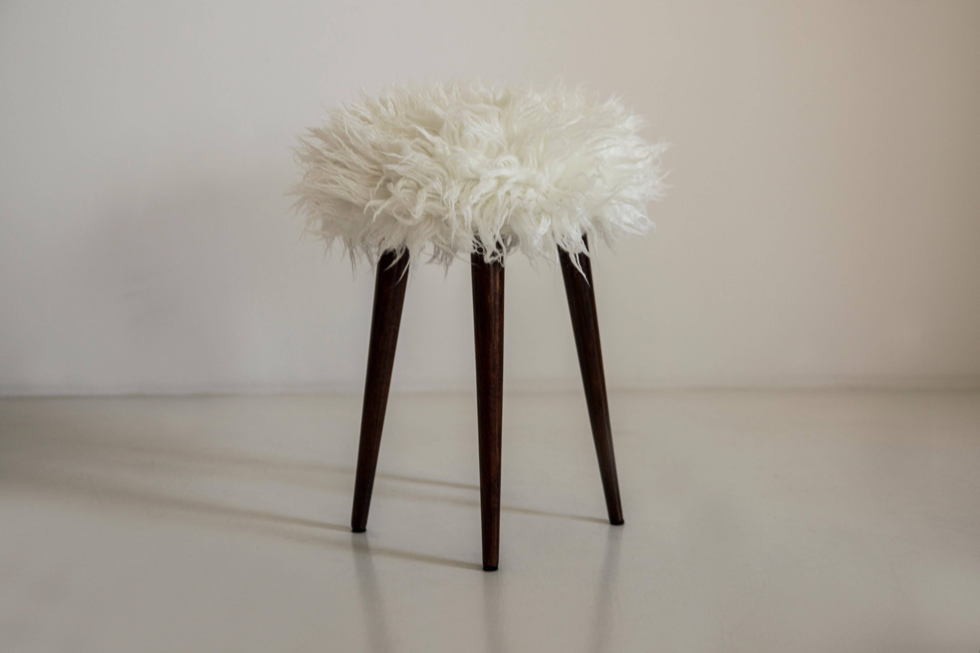 Pair of Mid-Century white Alpaca faux fur stools, Europe, 1960s