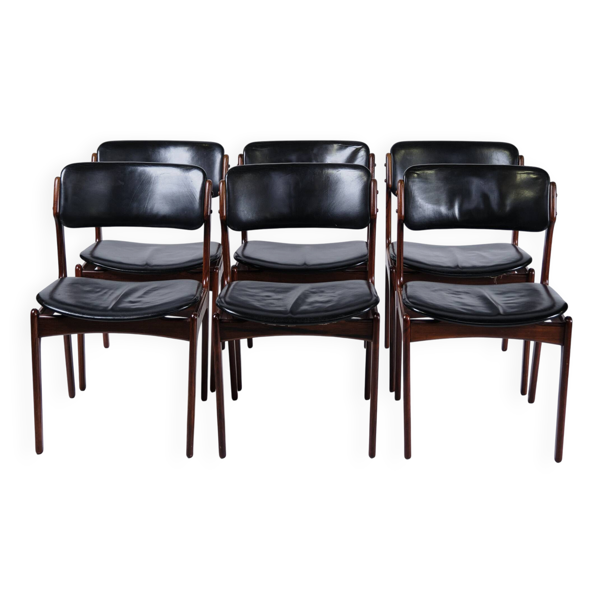 Set of six dining chairs – Erik Buch – Model OD 49 – Rosewood and black leather – O.D. Furniture – 1950s