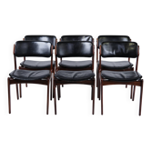 Ensemble de six chaises de salle à manger – Erik Buch – Modèle OD 49 – Bois de rose et cuir noir – O.D. Furniture – Années 1950