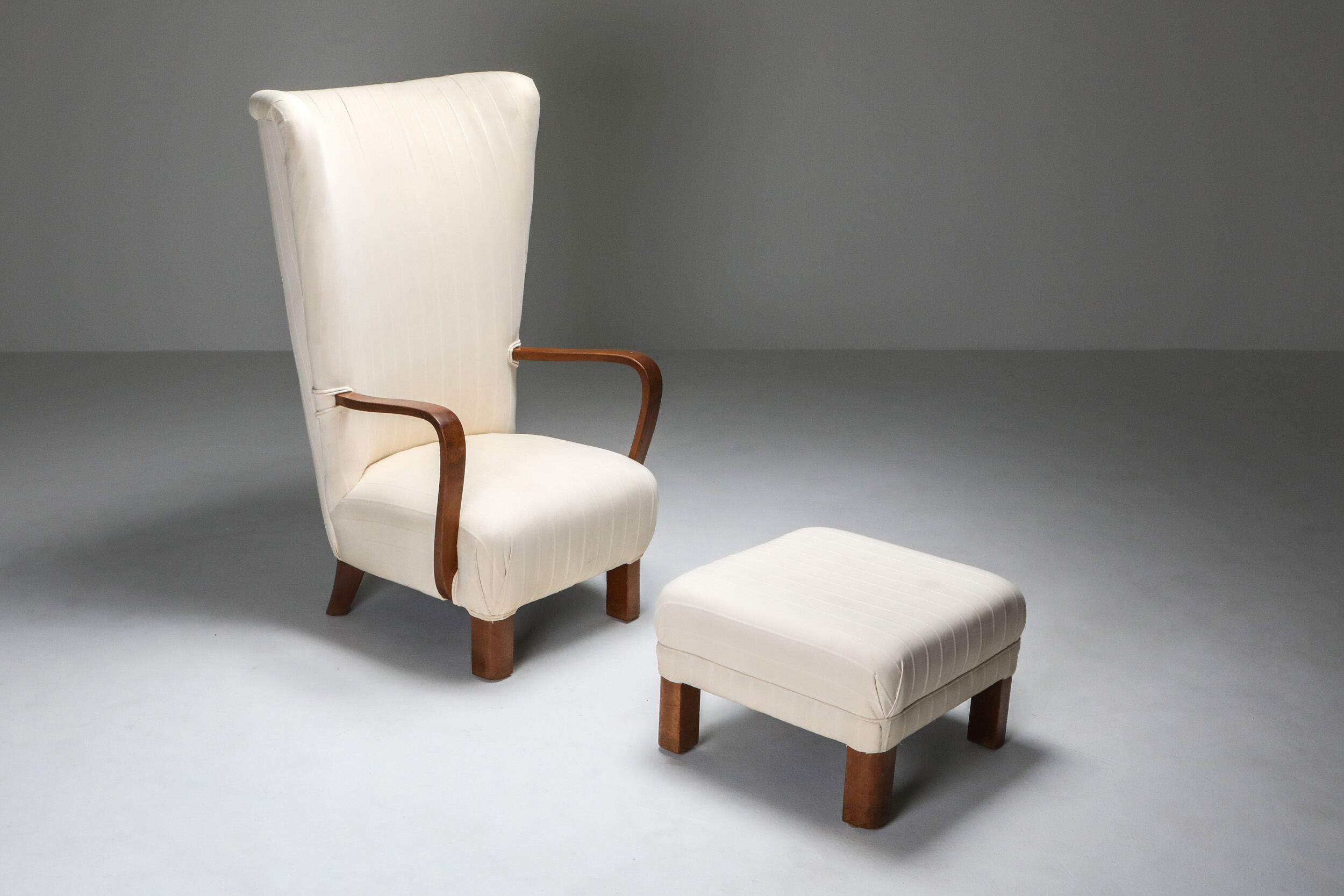 White Wingback Chair With Ottoman - 1950's