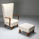 White Wingback Chair With Ottoman - 1950's