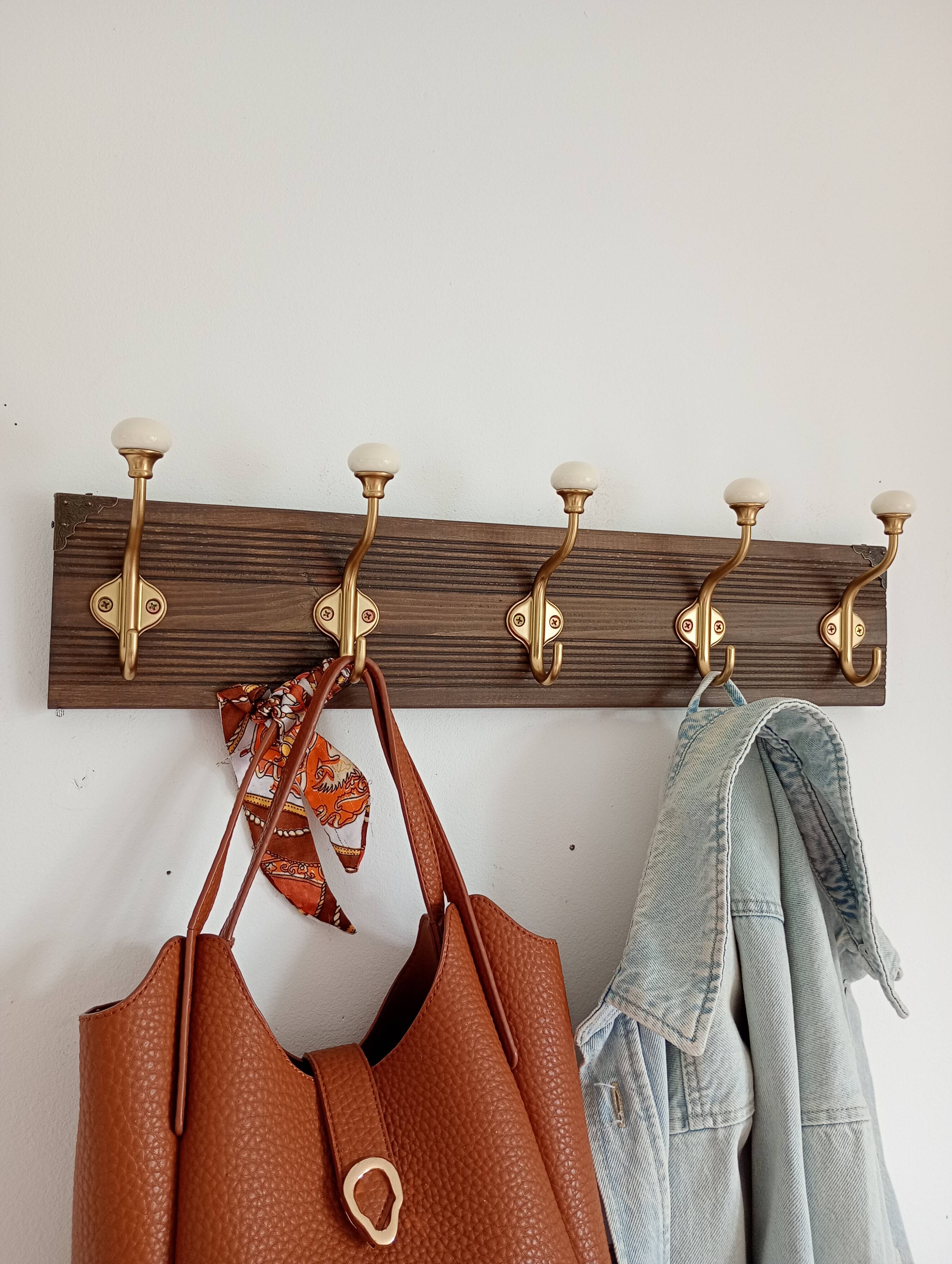 Vintage wall coat rack – 57 cm – 5 metal and ceramic hooks
