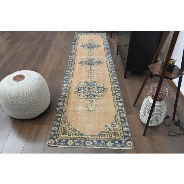 Vintage Turkish Oushak Handmade Wool Orange Runner Rug 81x333