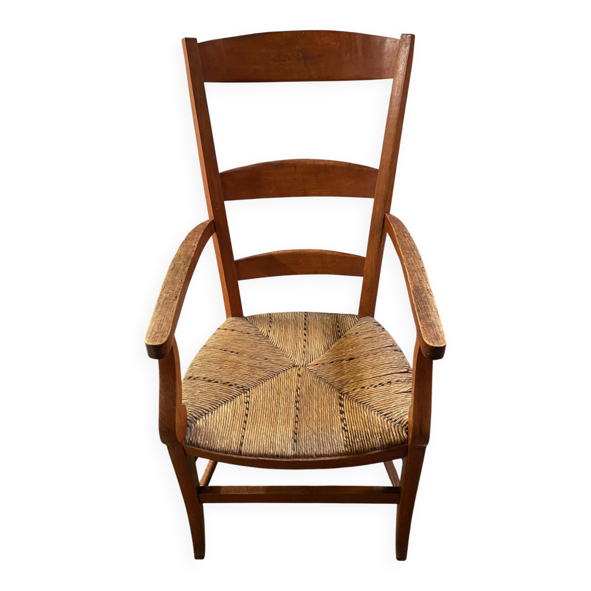 provençal armchair with dark beech armrests two-tone straw seat