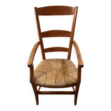 provençal armchair with dark beech armrests two-tone straw seat