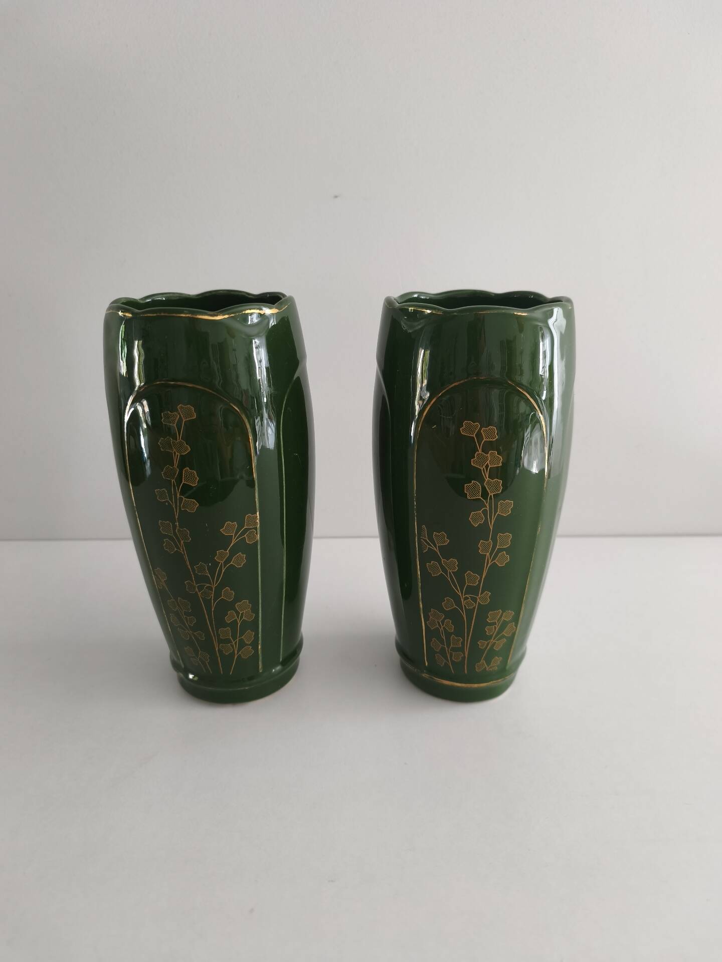 Pair of vintage empire green ceramic vases – Iris decoration & gilding