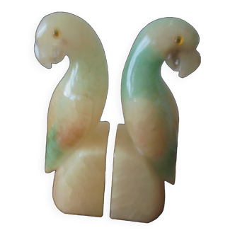 Parrot bookends in green and beige jade