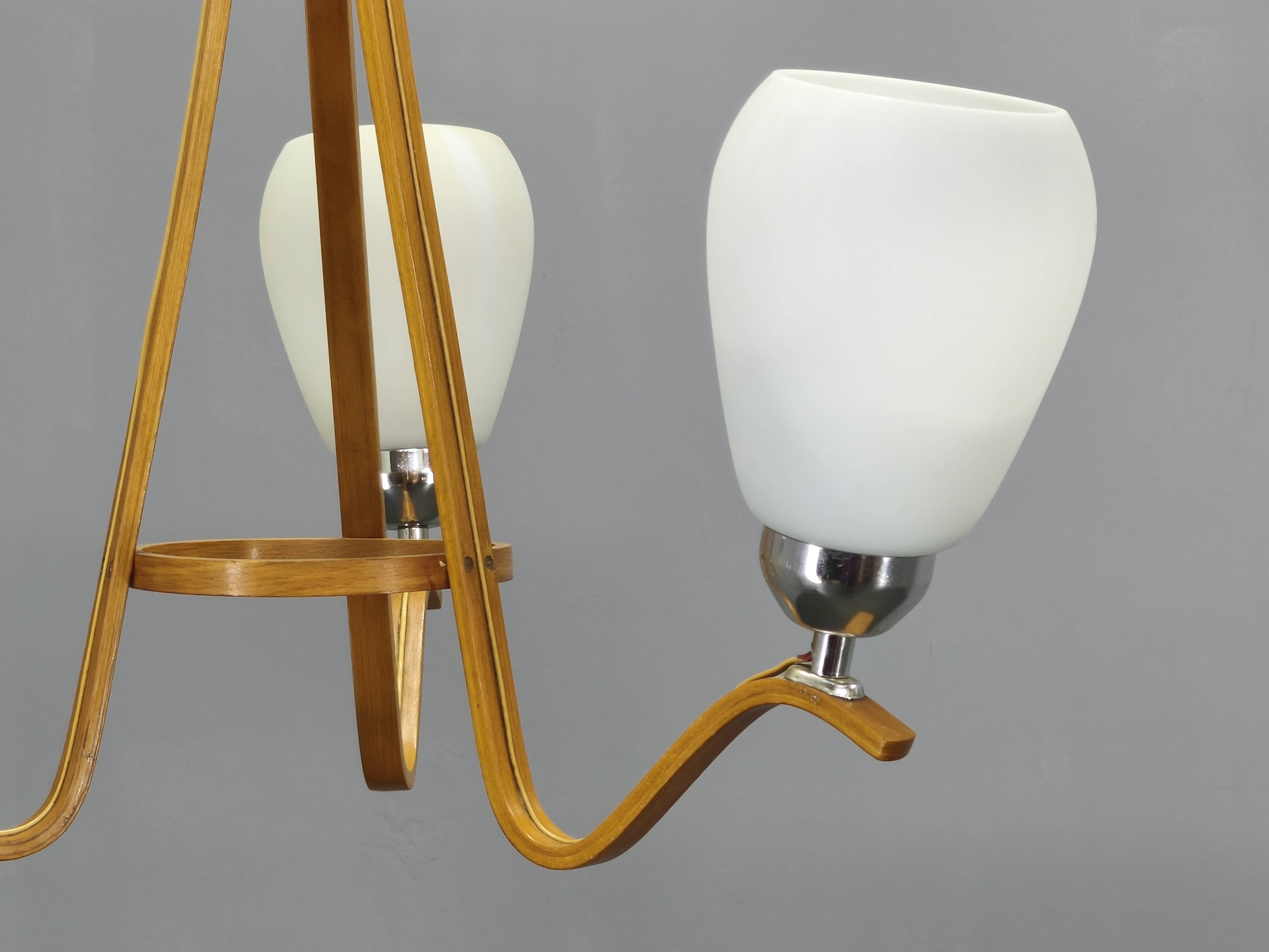 Pair of Czech Mid-Century Wood and Glass Chandeliers by Dřevo Humpolec