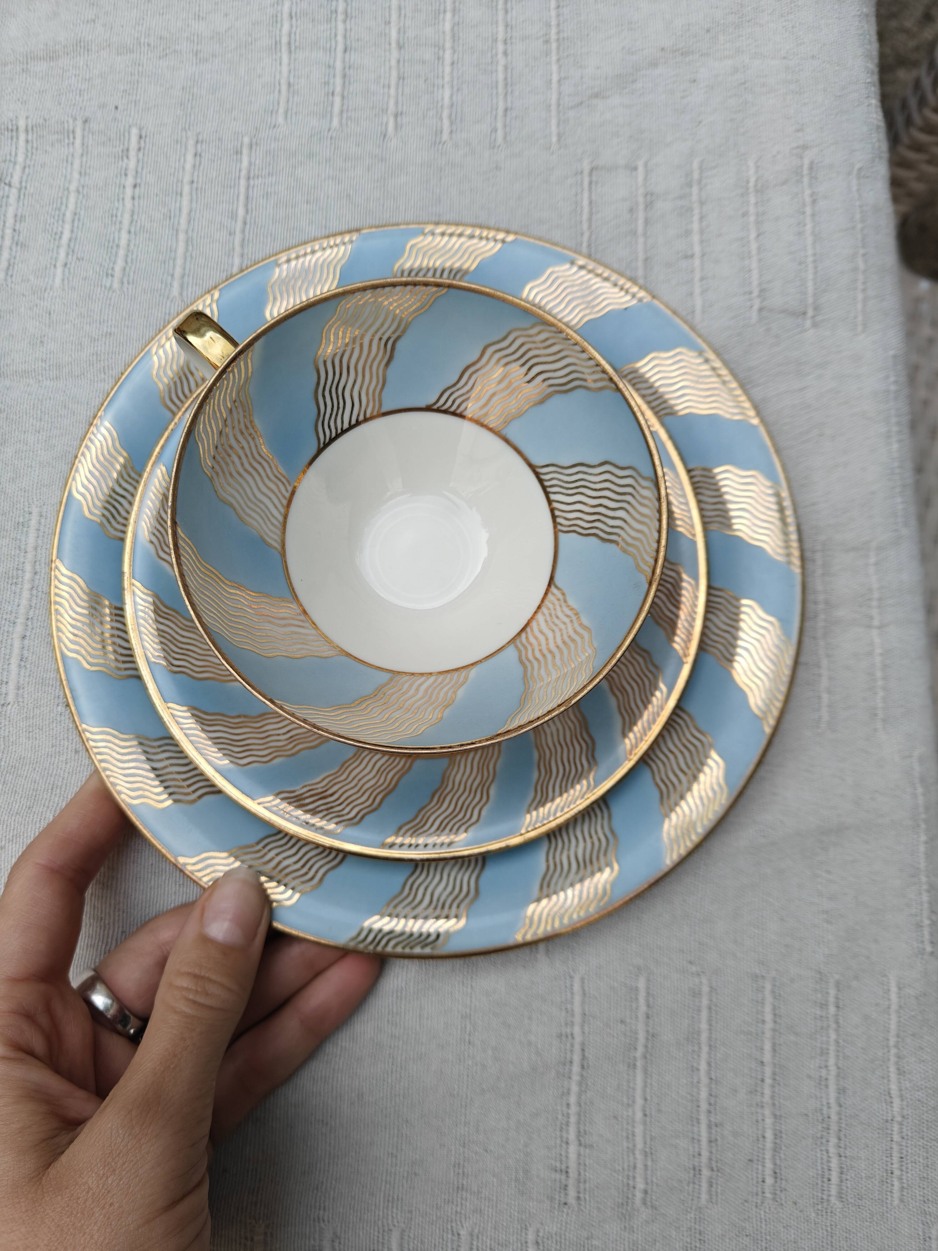 Vintage Bavaria ivory tea/coffee trio, sky blue & gold graphic waves.