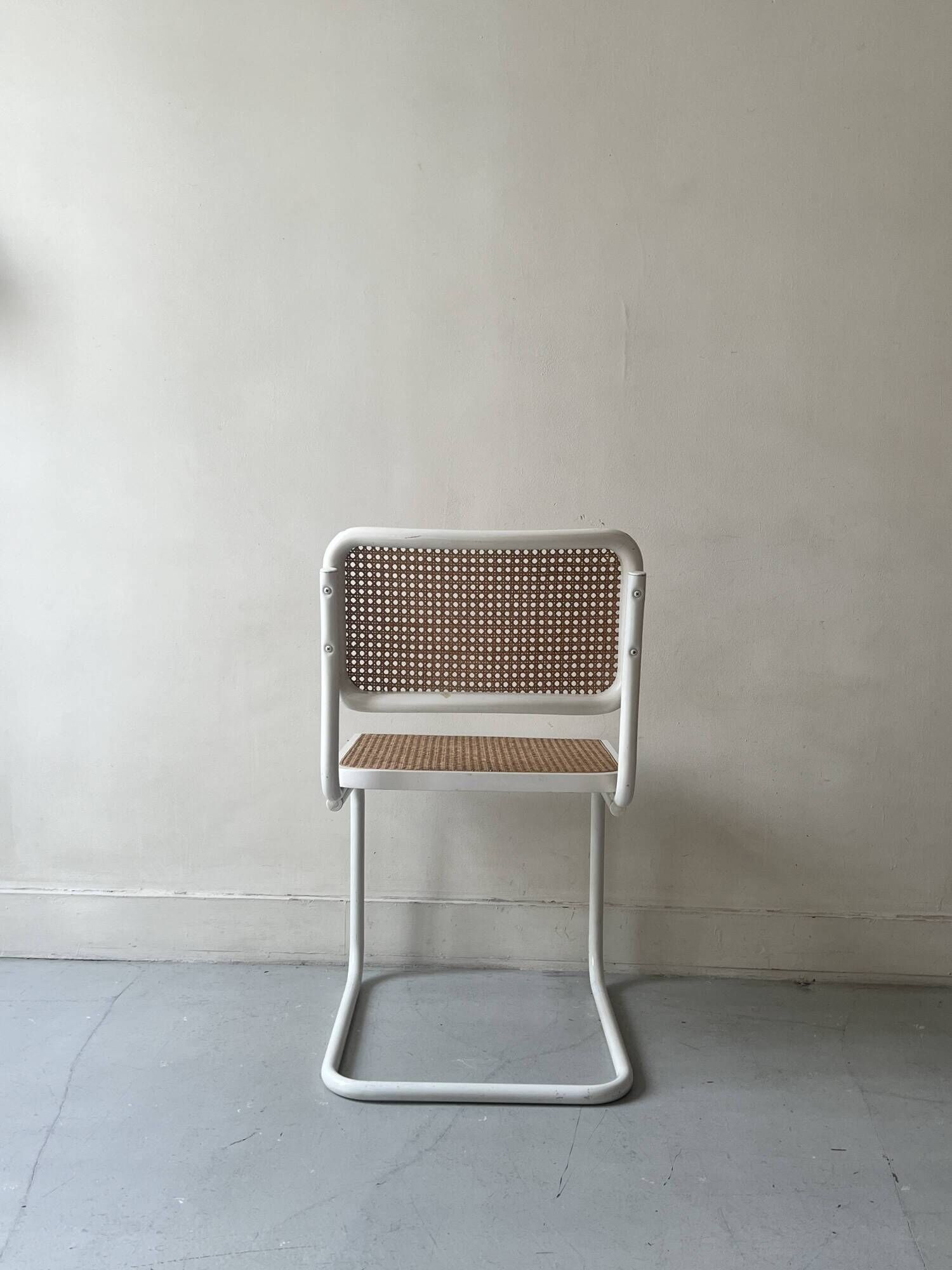 Cesca B32 vintage design chair in white metal and cane by Marcel Breuer