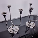 Pair of art deco candlesticks in stainless steel 3 flames and blue stones, Spain, 1970