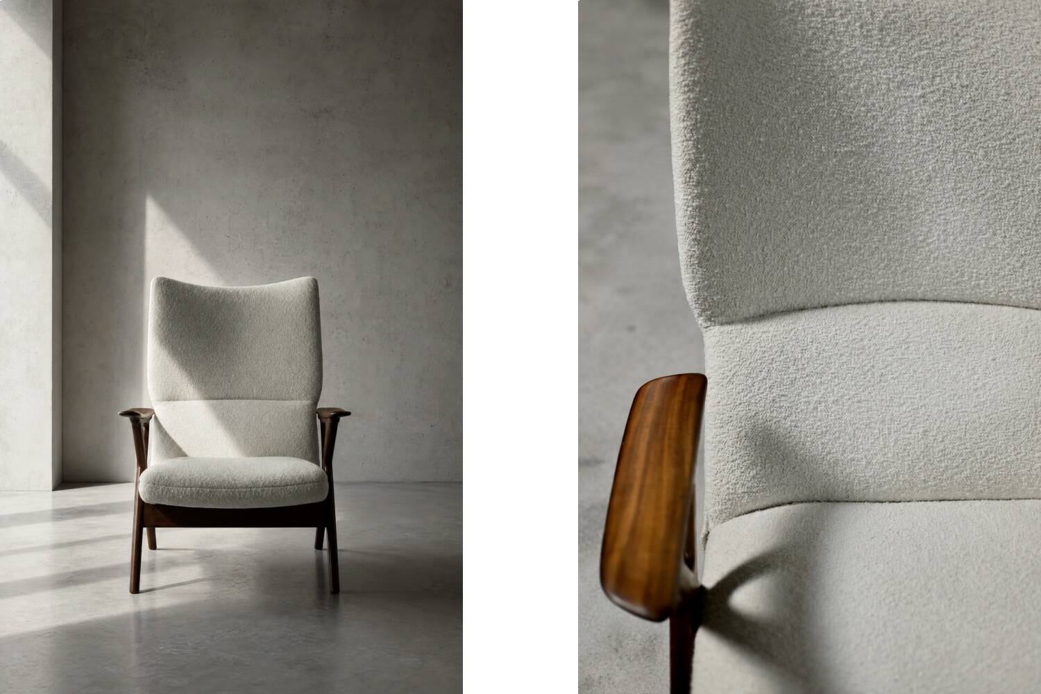 Vintage Mid-Century Norwegian Modern Teak & Boucle Fabric High Lounge Chair