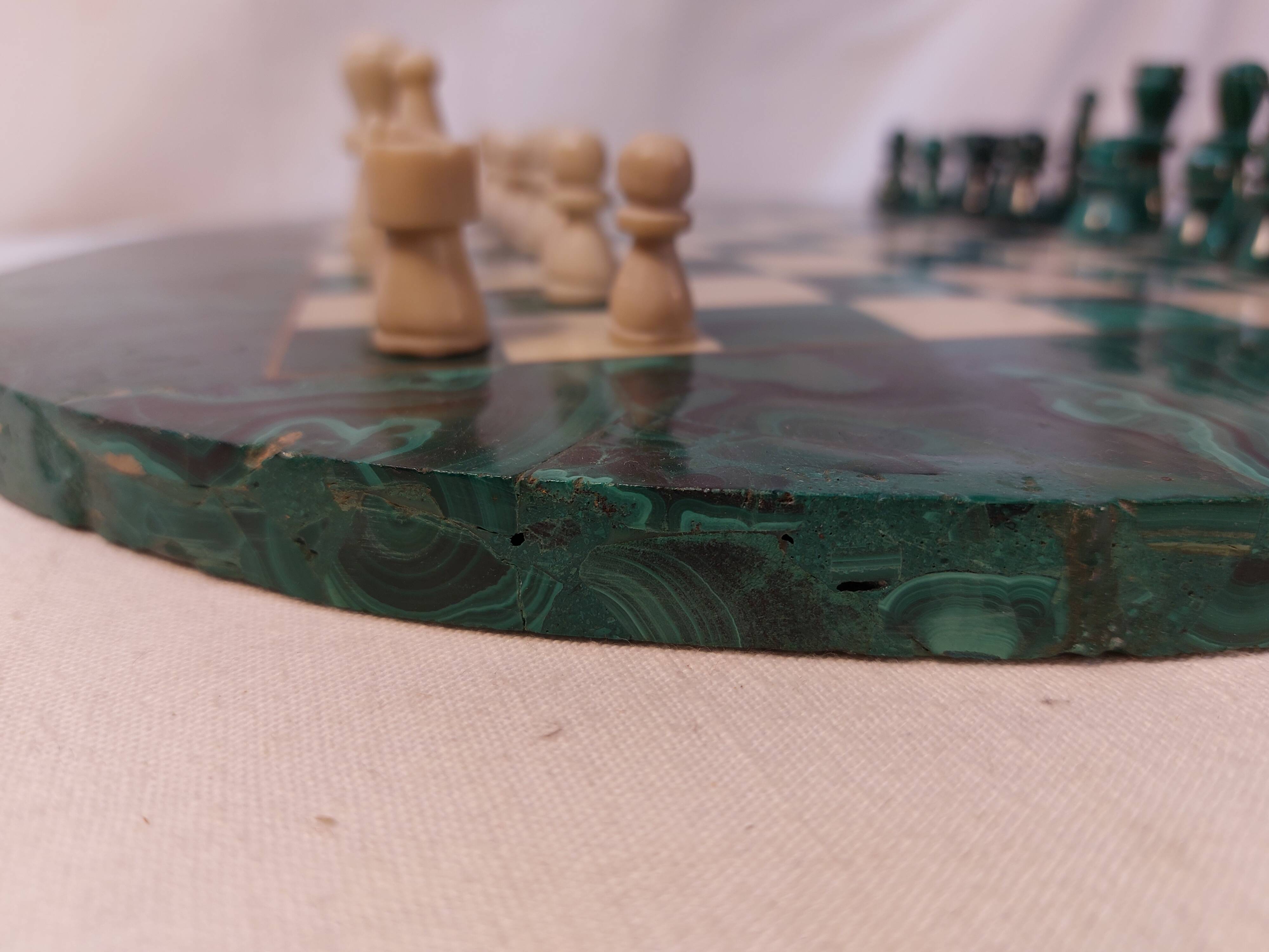 Vintage Complete Chess Set in Malachite and White Stone
